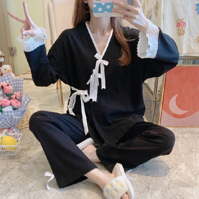 Women Two-piece Pijama Set Autumn Long Sleeve Trousers Sweet Sleepwear Women Simple Kimono Homewear New Black Pajamas Set alx