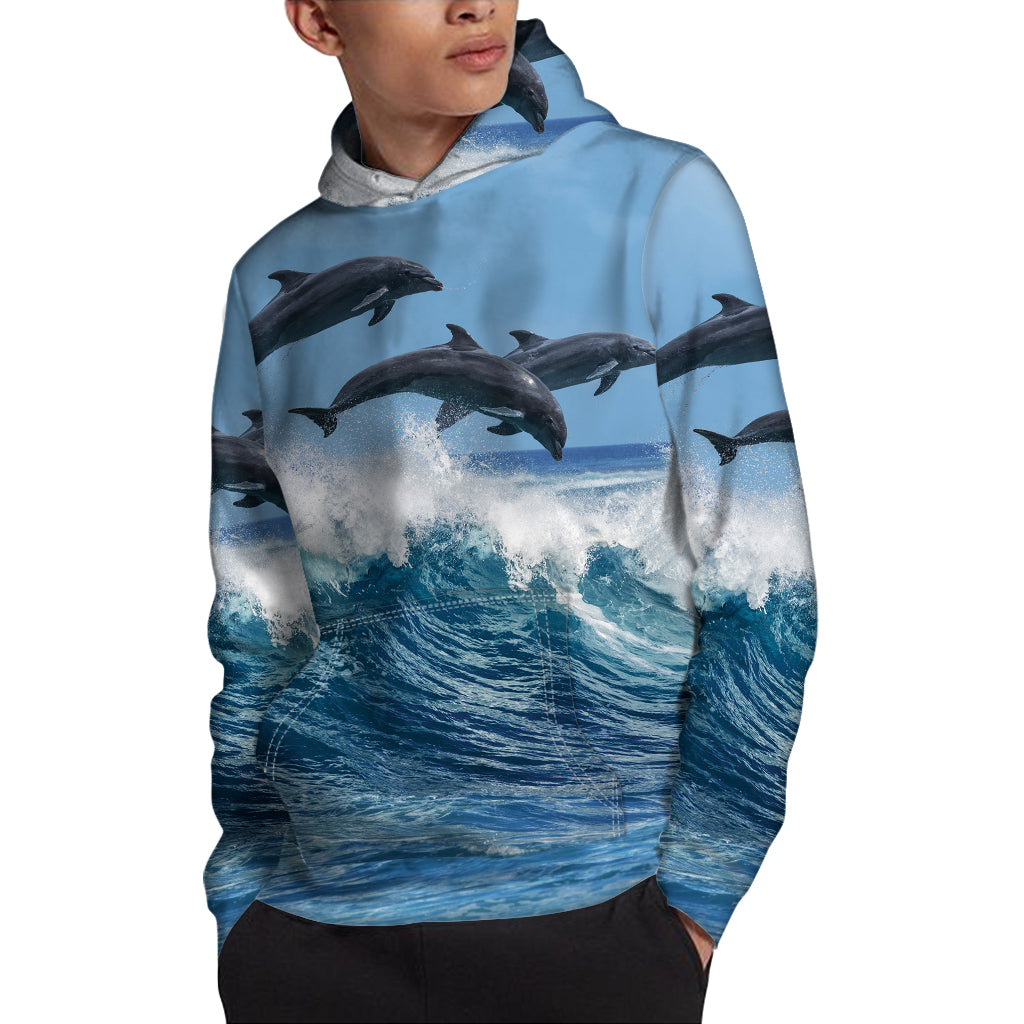 Dolphins Jumping Over Waves Print Pullover Hoodie