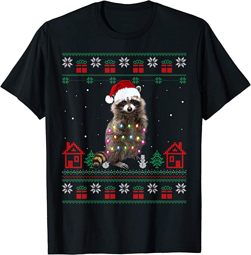 Ugly Christmas raccoon Santa Hat Lights Sweater Xmas Shirt T-Shirt