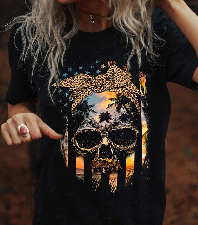 Skull With Leopard Headband Sunset Beach American Flag Standard Men T-shirt