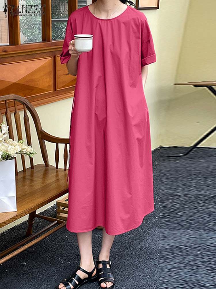 ZANZEA 2022 Stylish Summer Sundress Women Elegant O Neck Half Sleeve Solid Midi Dress Casual Loose Holiday Vestido Robe Femme alx