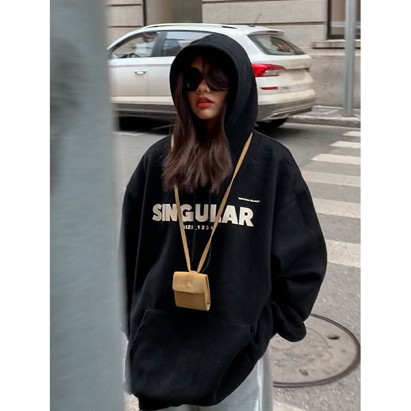 American Black Vintage Baggy Pullover Fashio Letter Printing Fleece Sweatshirt Casual Lazy Raglan Sleeves Drawstring Hoodie Tops alx