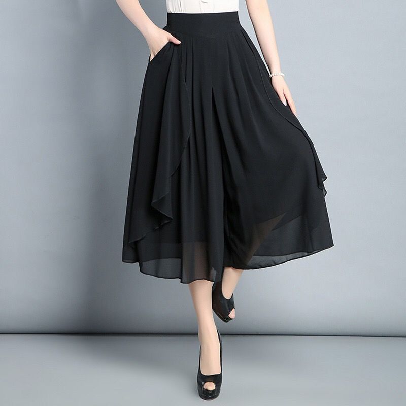 022 New Chiffon breathable Wide-leg pants with pockets Women’s Summer cropped pants high waist loose casual pants Skirt pants alx