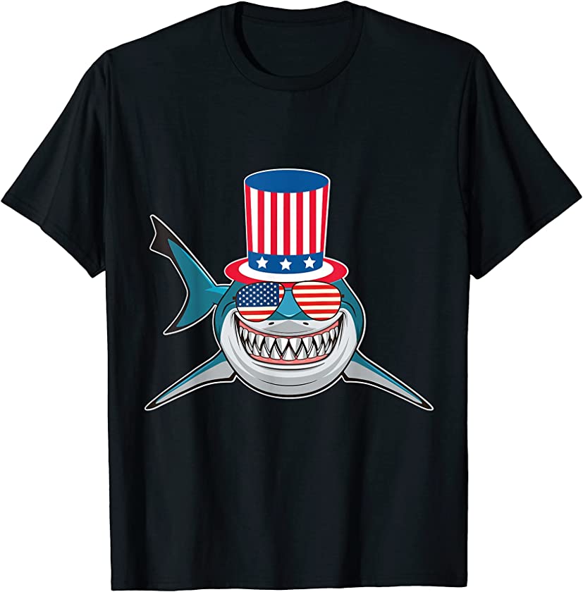 US Flag Glasses Shark Swimming Happy Independence 4th July T-Shirt