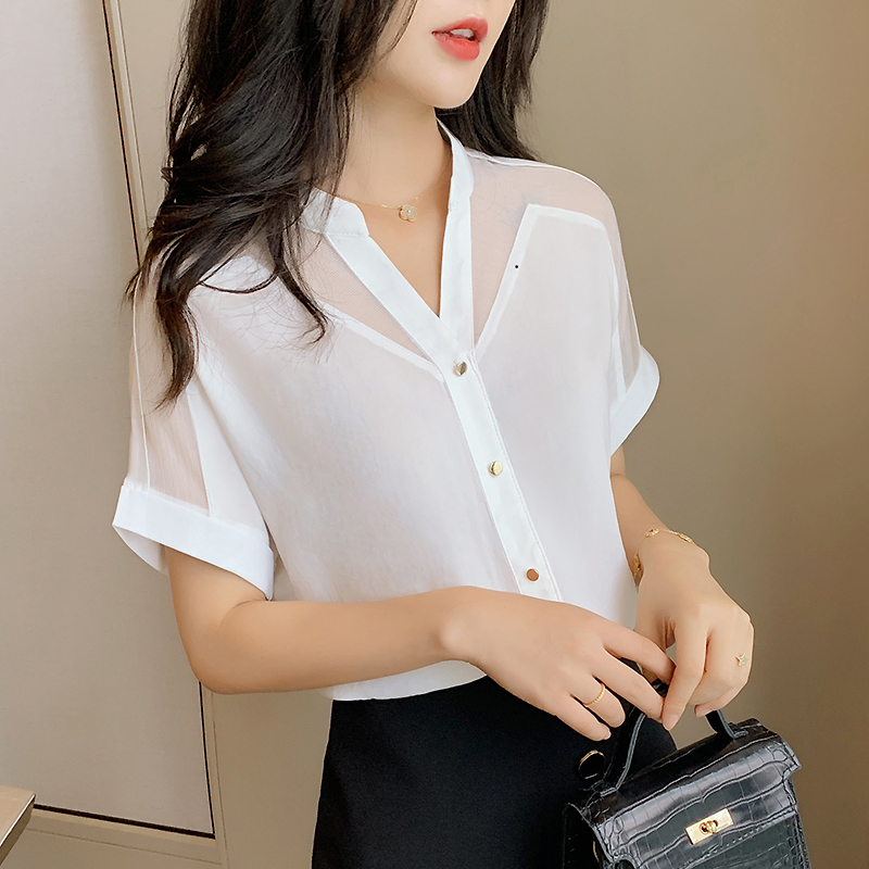 2022 Summer New Style Short-Sleeved Top Women Fashion Solid Color Mesh V-neck Women Shirts Pullover Chiffon Women Blouse 9632 alx