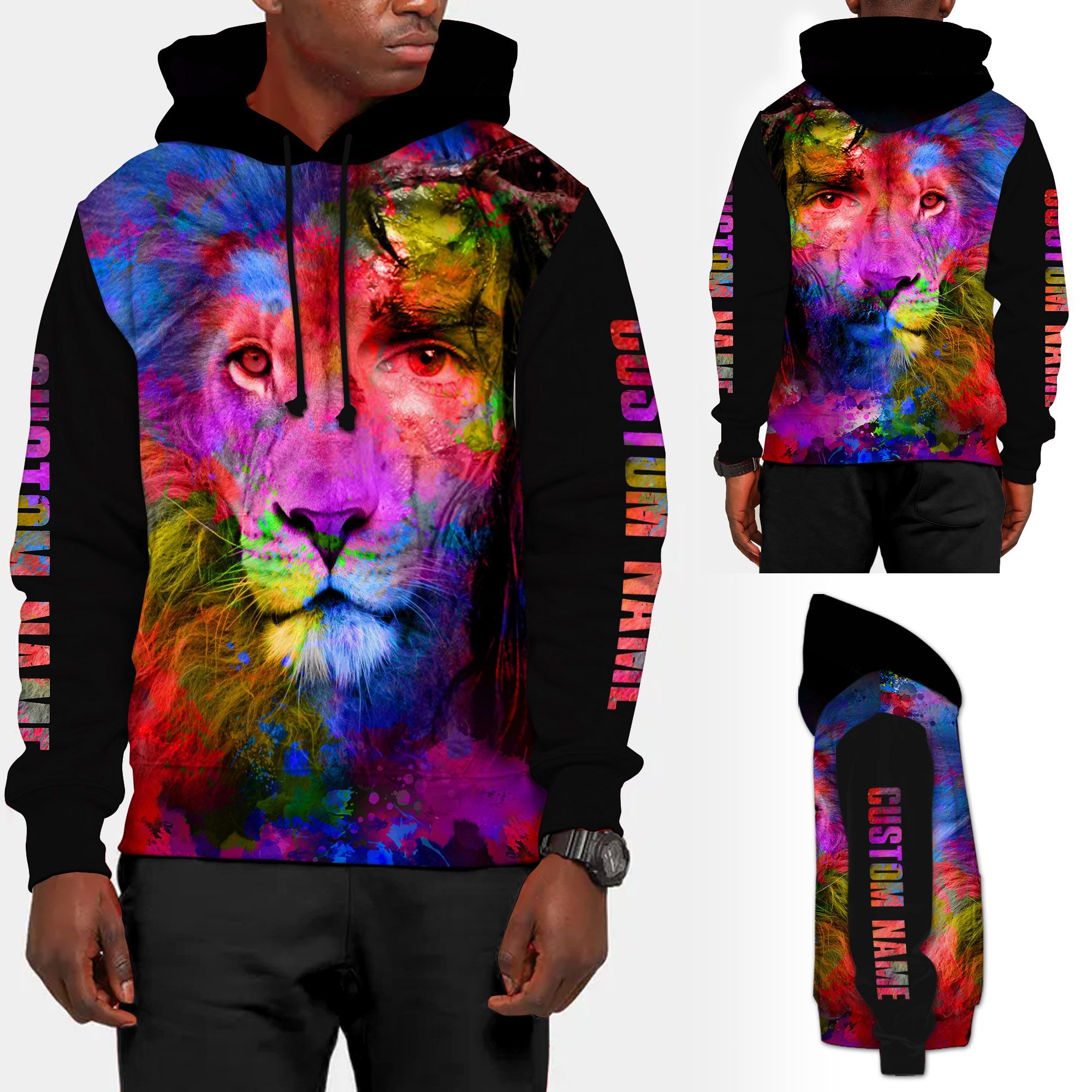 Watercolor Jesus And Lion Custom Name 3D Hoodie Shirt For Jesus Lovers