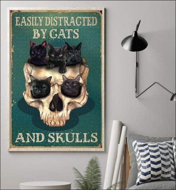 Halloween Black Cat Skull- Easily Distracted By Cats And Skulls Christmas Gift Family Canvas Print Poster Print, Wall Art Canvas, Poster Canvas Wall Decor - Teeshirtsummer Christmas Gift