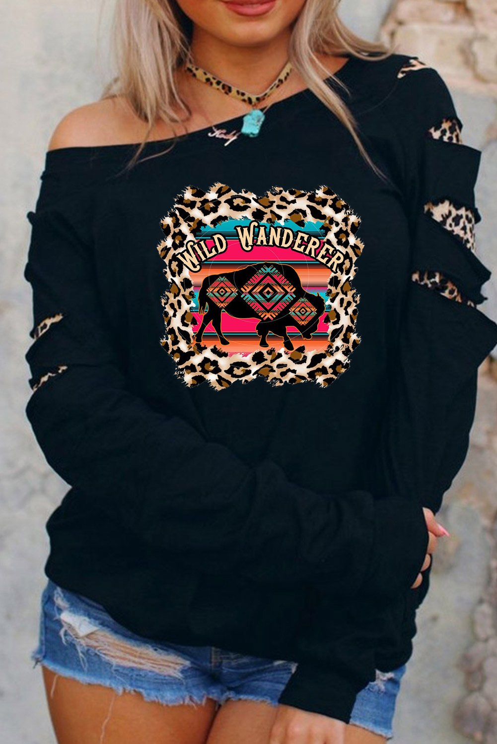 Azura Exchange Letter Leopard Serape Print Cut-Out Graphic Sweatshirt