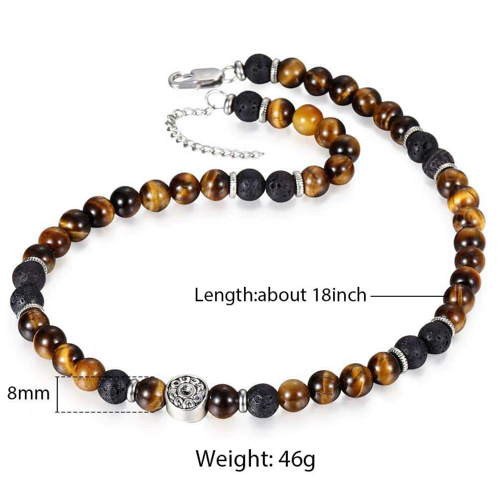 8mm Natural Stone Tiger Eyes Lava Bead Necklace Stainless Steel Beaded Charm Choker Neck Chain Fashion Male Jewelry 18/20inch alx