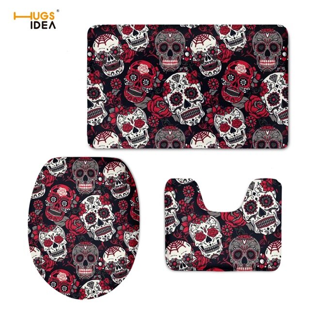 Sugar Skulls Bathroom Seat Cover Set Halloween Skull Design Toilet Carpet Cover