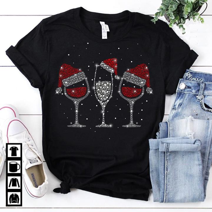 Wine Christmas Hat T-Shirt Glitter Wine Shirt Christmas Gifts Funny Christmas Shirt