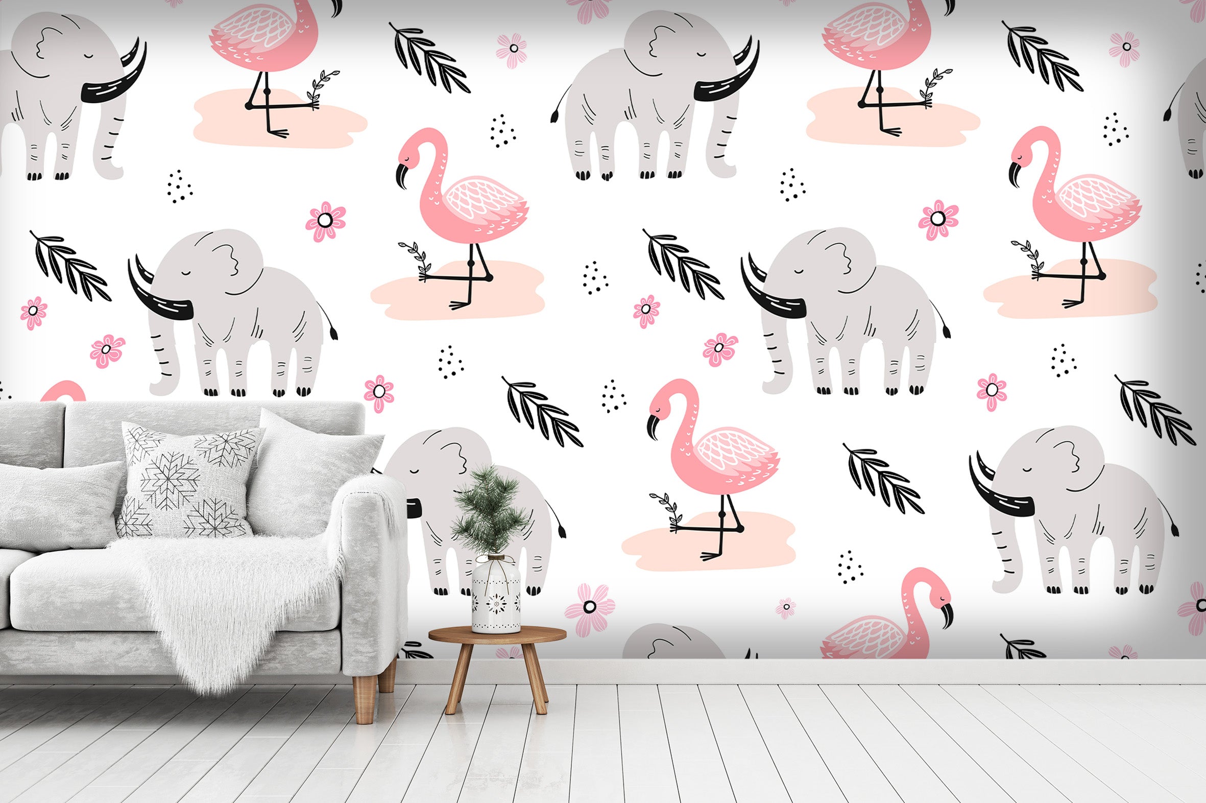 3D Pink Flamingo Grey Elephant Wall Mural Wallpaper 11