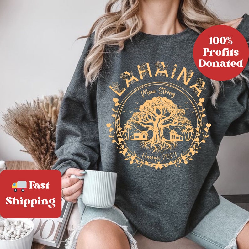 Golden Maui Strong Sweatshirt Lahaina Strong Banyan Tree Sweatshirt Support Maui Fire Relief Hawaii Shoreline Sweatshirt Fire Victim Fundraiser Gold Tee Sws1854