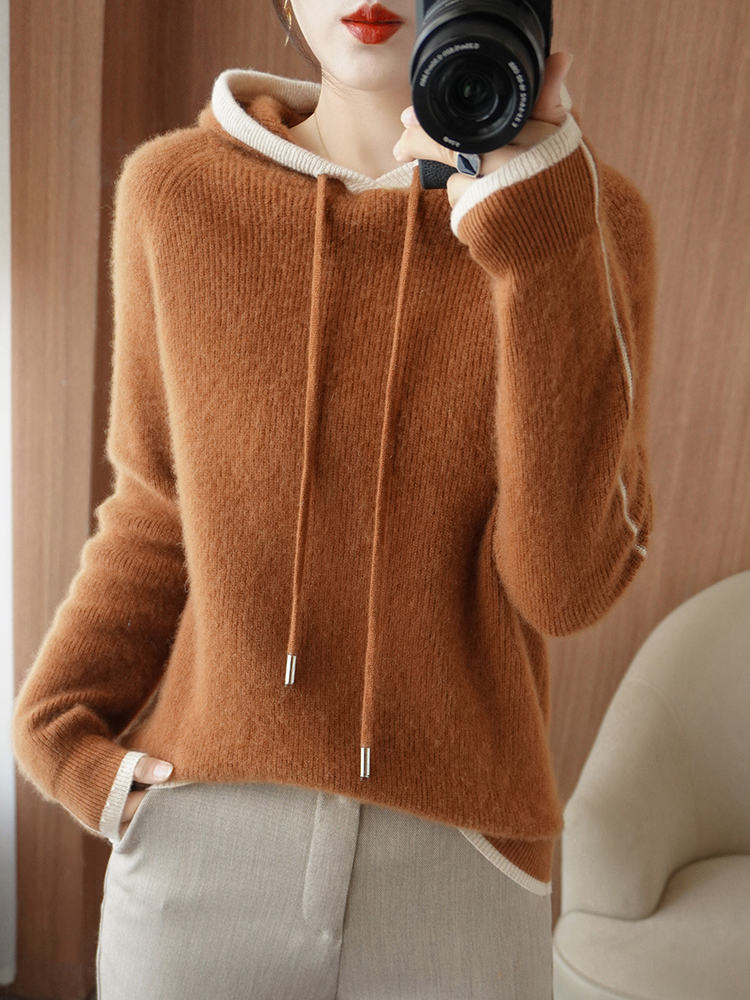 Autumn Winter 2022 New 100%Wool Cashmere Sweater Women’s Hoodie Collar Loose Casual Fashion Soft Knitted Long Sleeve Sweater Hot alx