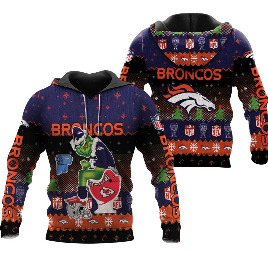 Santa Grinch Denver Broncos Sitting On Chiefs Chargers Raiders Toilet Christmas Gift For Broncos Fans Hoodie