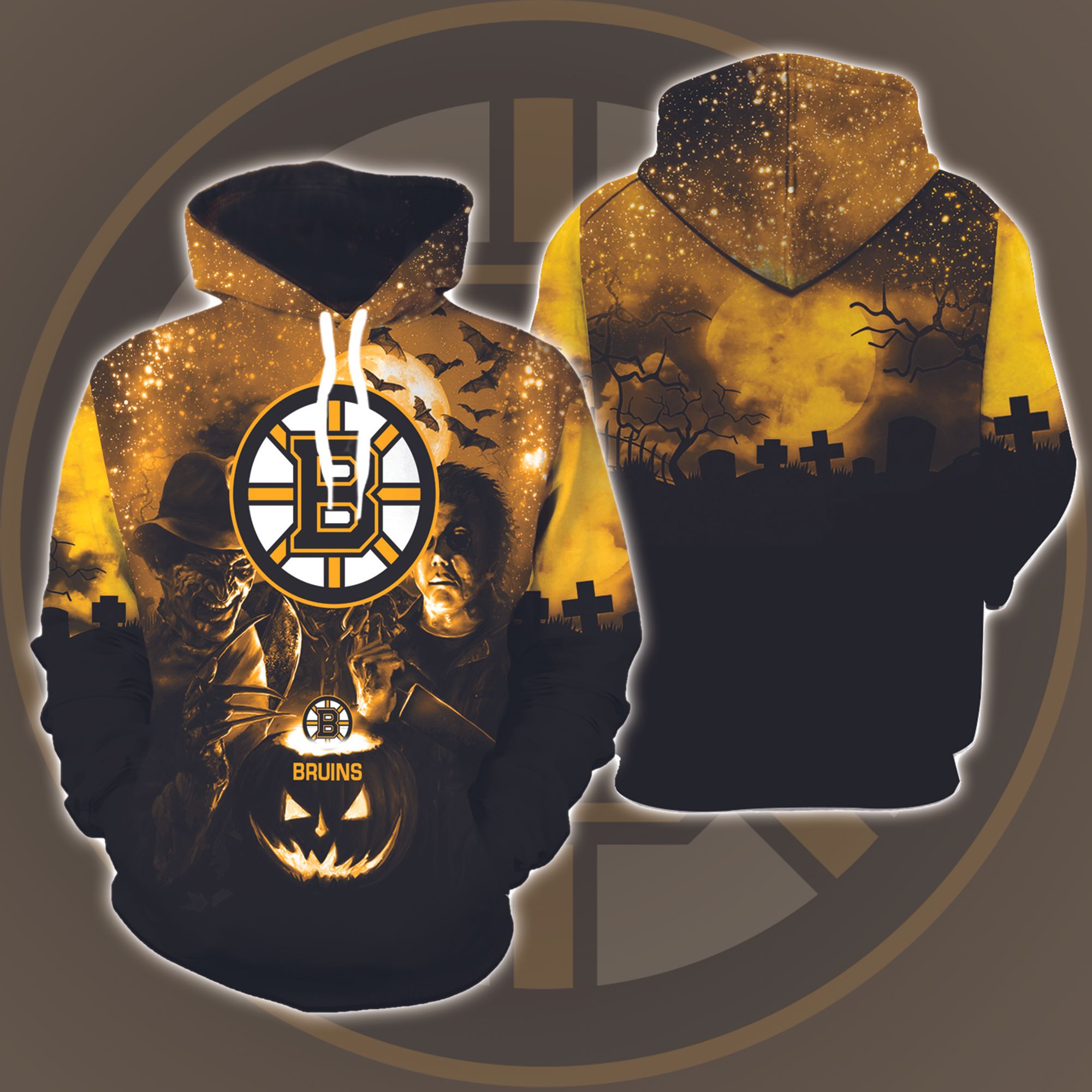 Boston Bruins  Halloween and Michael Myers, Jason Voorhees, Freddy Krueger 3D Printed Hoodie