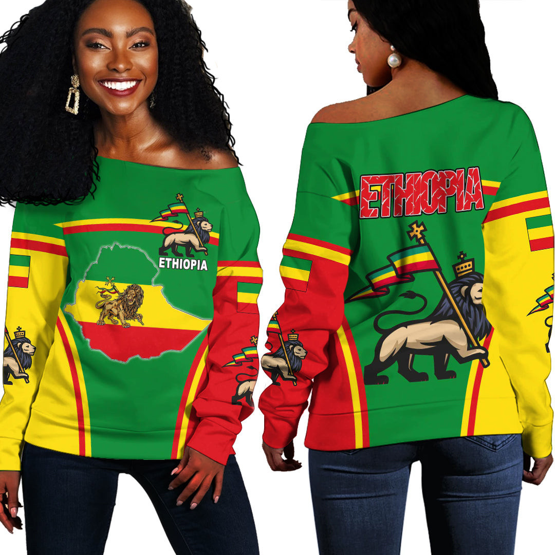 Africa Zone Clothing –  Ethiopia Lion Active Flag Off Shoulder Sweater A35