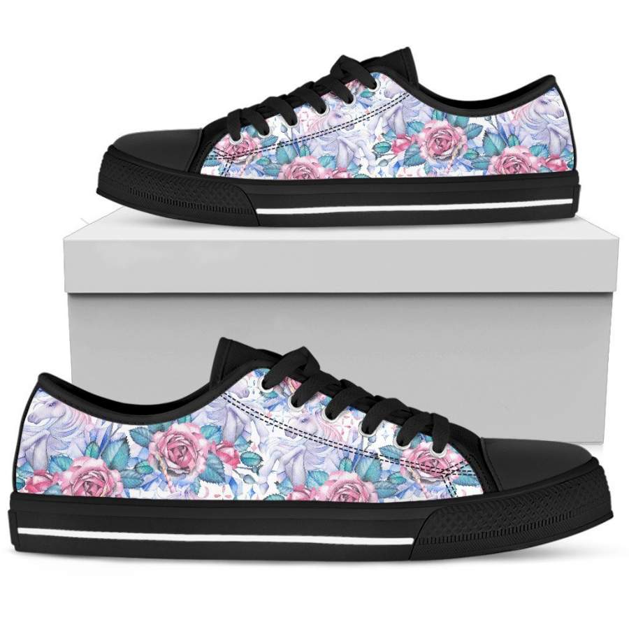 White Fairy Rose Unicorn Pattern Print Women’s Low Top Shoes