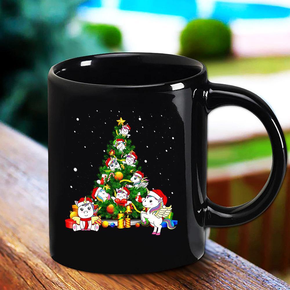 Cute Unicorn Christmas Tree Merry Christmas Funny Gift Candy Cane Ornament Black Mug