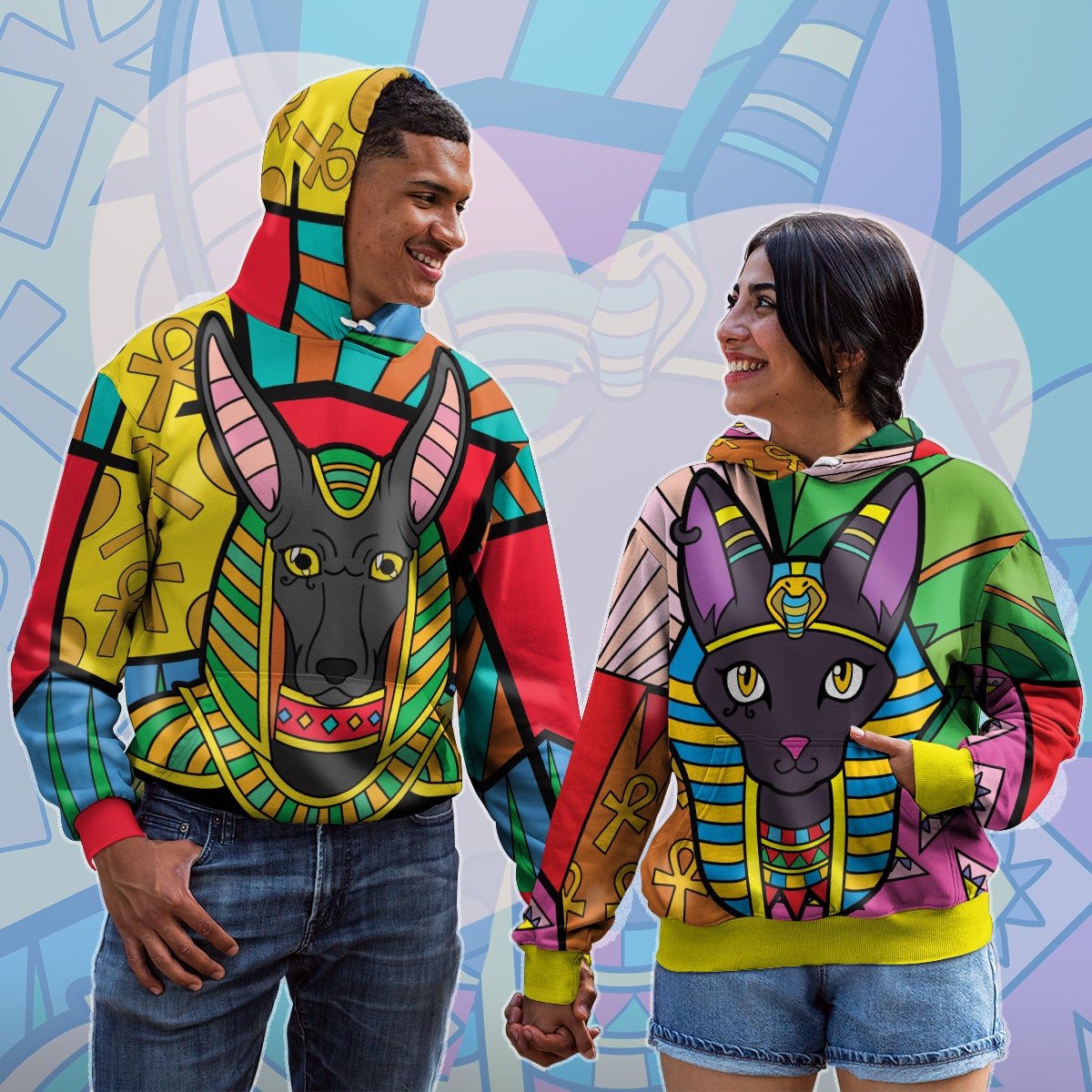 Colorful Anubis God & Bastet Goddess Couple All-Over Hoodies