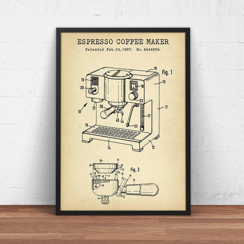 Poster Canvas Espresso Coffee Maker Patent Print, Digital Download Blueprint Art, Kitchen Wall Art, Coffee Poster Wall Decor, Poster Gift Decor Home Decor Wall Art Visual Art