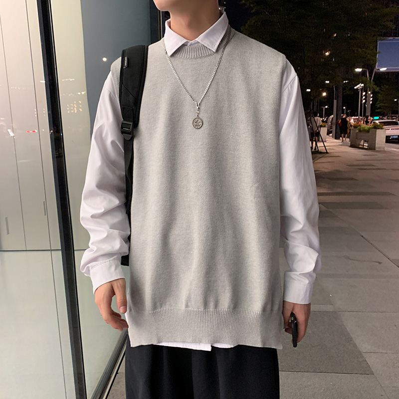 Autumn Sweater Vest Men Oversized Loose Knitted Waistcoat Student Korean Preppy Style Casual Side-split Solid Sleeveless Jumpers alx