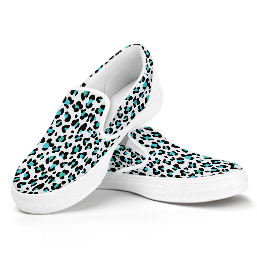 White And Teal Leopard Print White Slip On Shoes