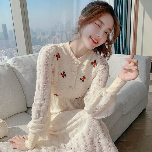 Knitting Sweater Maxi Dresses for Women Female Korea Style Slim Embroidery Wool Long Sleeve Woman Dress Party 2021 Autumn Winter alx