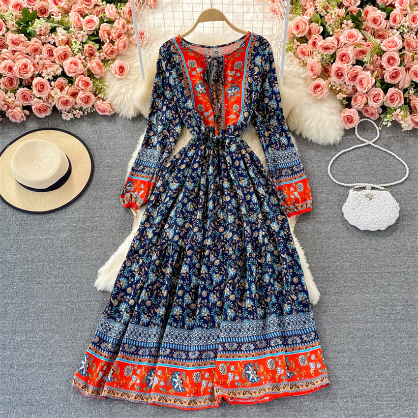 Boho Vintage Holiday Long Dress Women Long Sleeve Casual Loose Shirt Dress Floral Print Bohemian Maxi Dresses Beach Wear alx