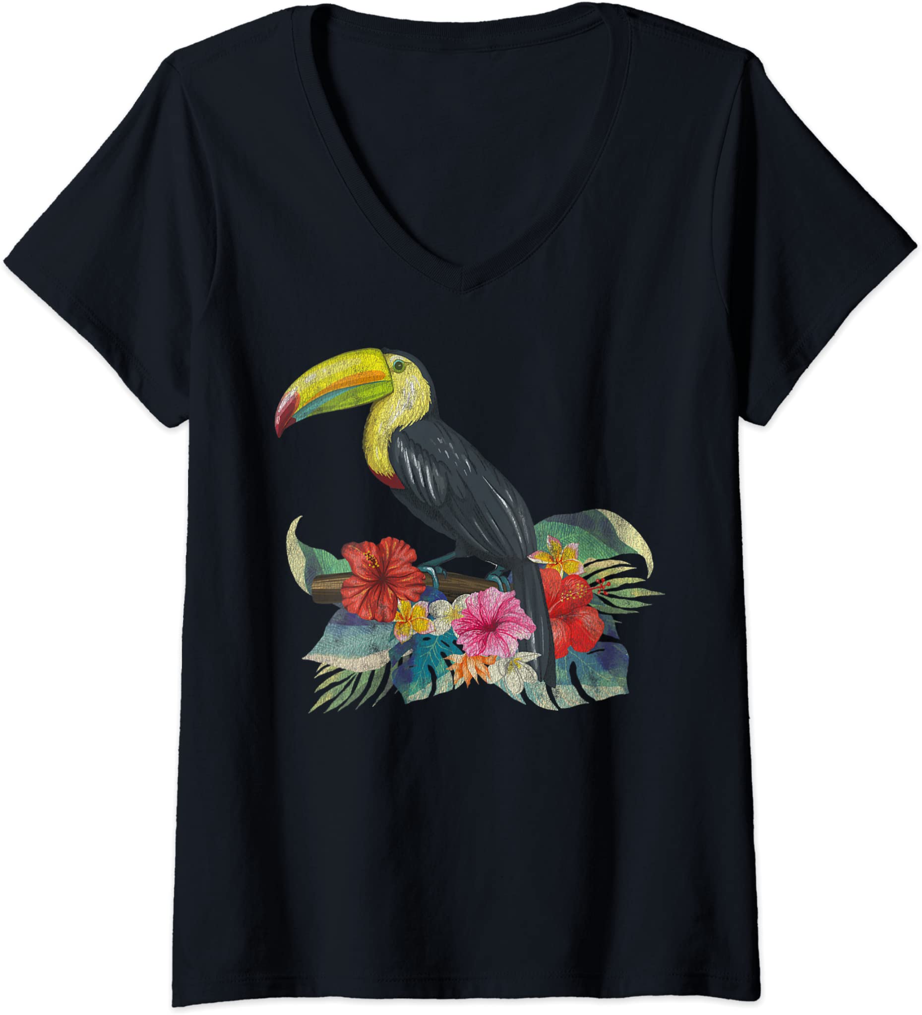 Womens Vintage Retro Style Tropical Flowers Leaf Birds Toucans V-Neck T-Shirt