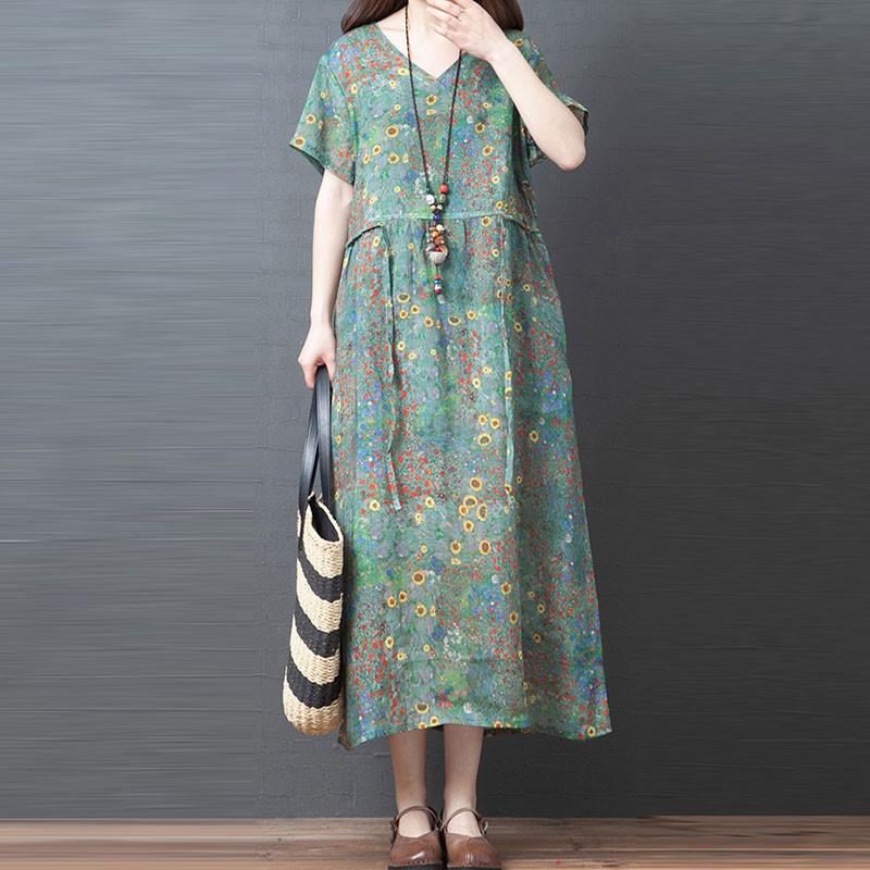 Women Summer Casual Dress New Arrival 2021 Vintage Style V-neck Floral Print Loose Comfortable Female Long Dresses S3699 alx