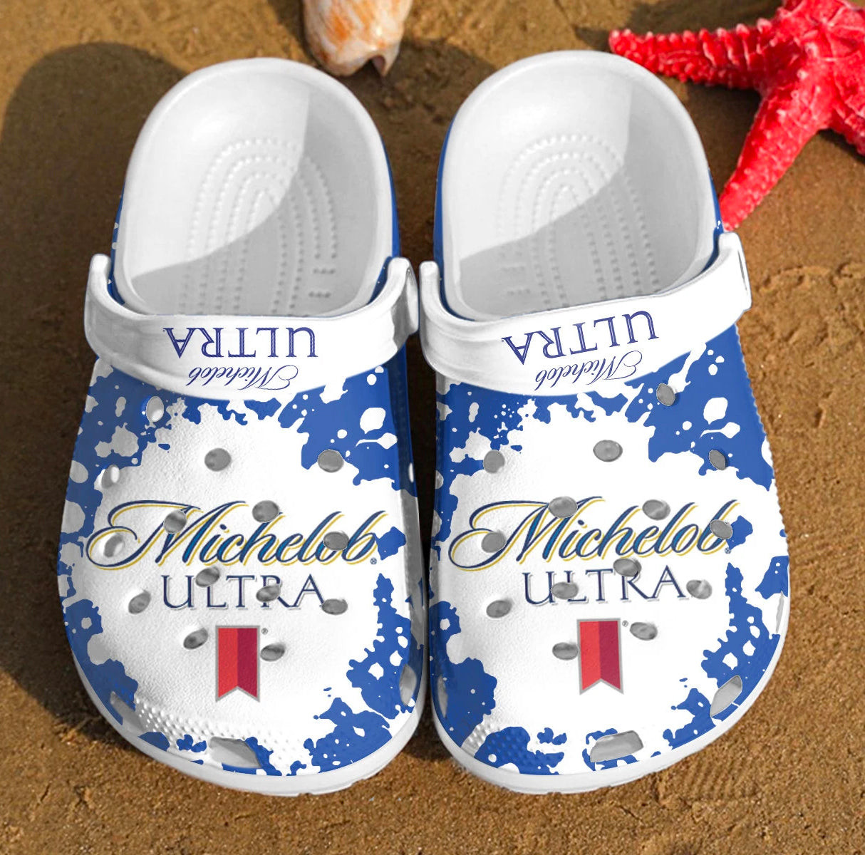 Michelob Ultra White Splatter Crocs Classic Clogs Shoes In Blue ...