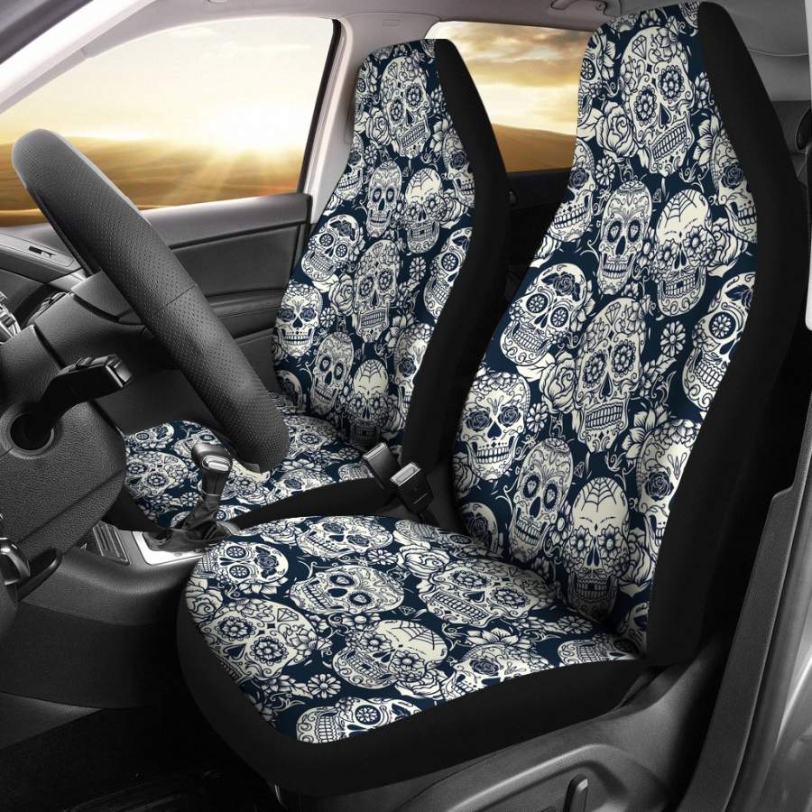 Blue Gray Floral Skulls Car Seat Covers
