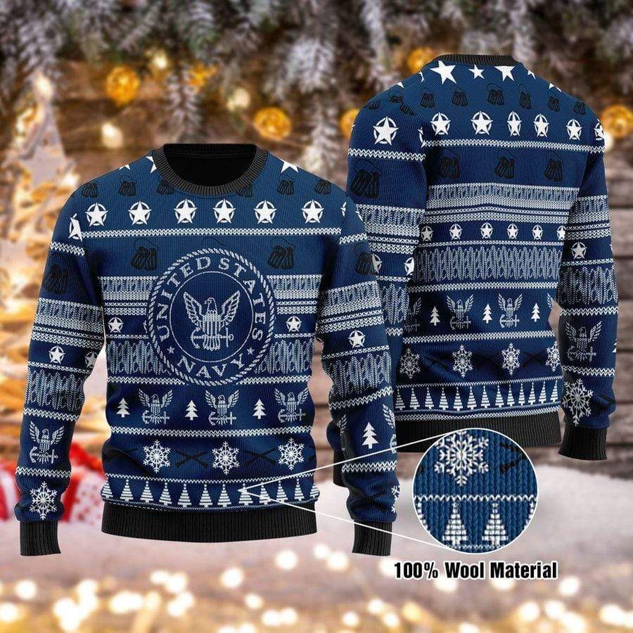 Unifinz Veteran Sweater United States Navy Stars Christmas Pattern Blue Ugly Sweater 2022