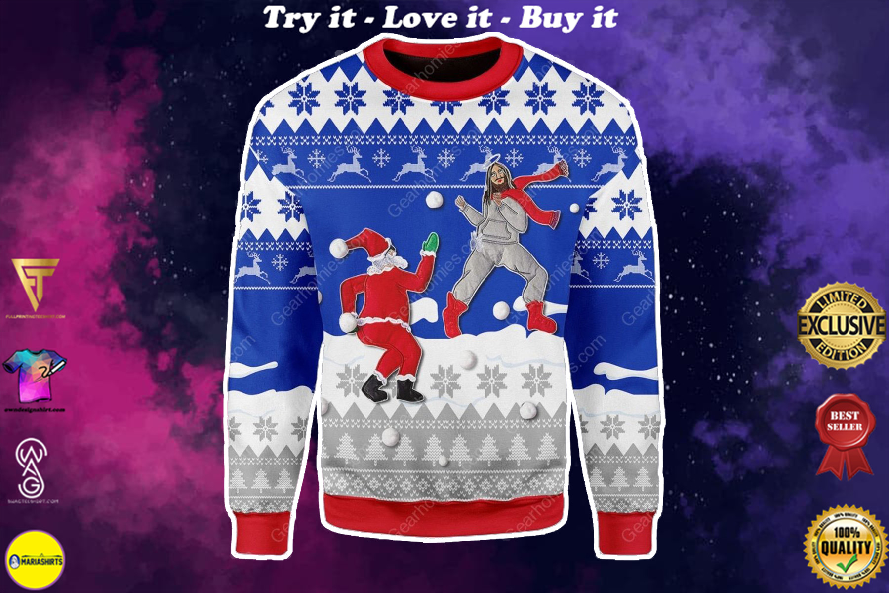 [High Quality] Santa And Jesus Play Snowball All Over Printed Ugly Christmas Sweater