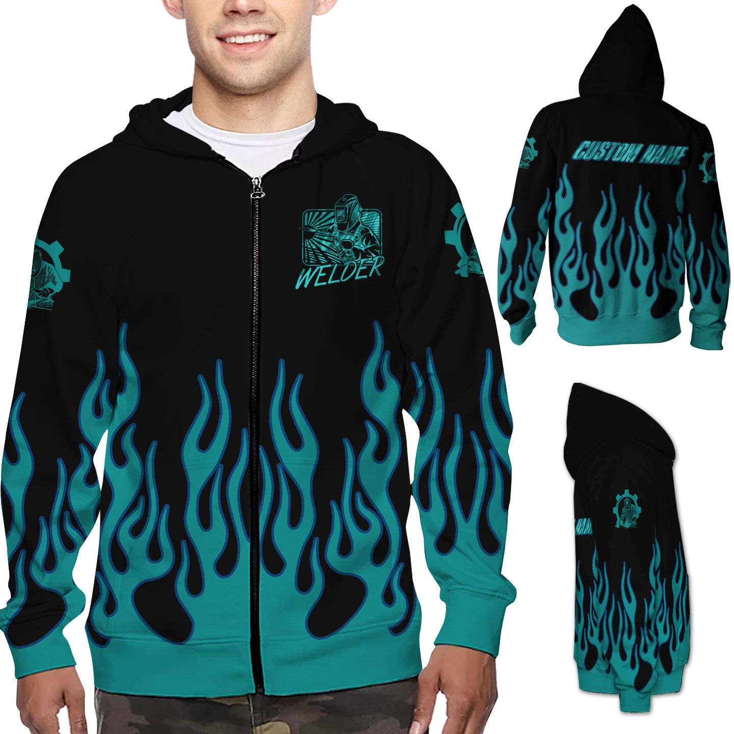 Welder Vintage Green Flame Custom Name 3D Zip Hoodie Shirt For Welding Lovers