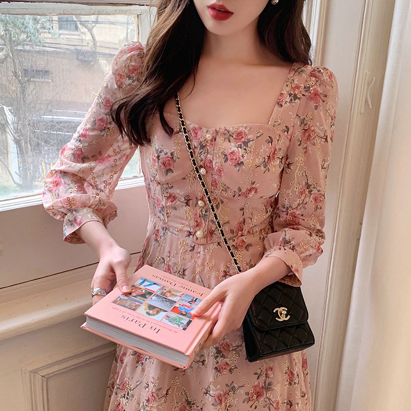 Vintage Chiffon Woman Dress Elegant Floral French Square Collar Embroideried Midi Maxi Dresses for Women Temperament Dress alx