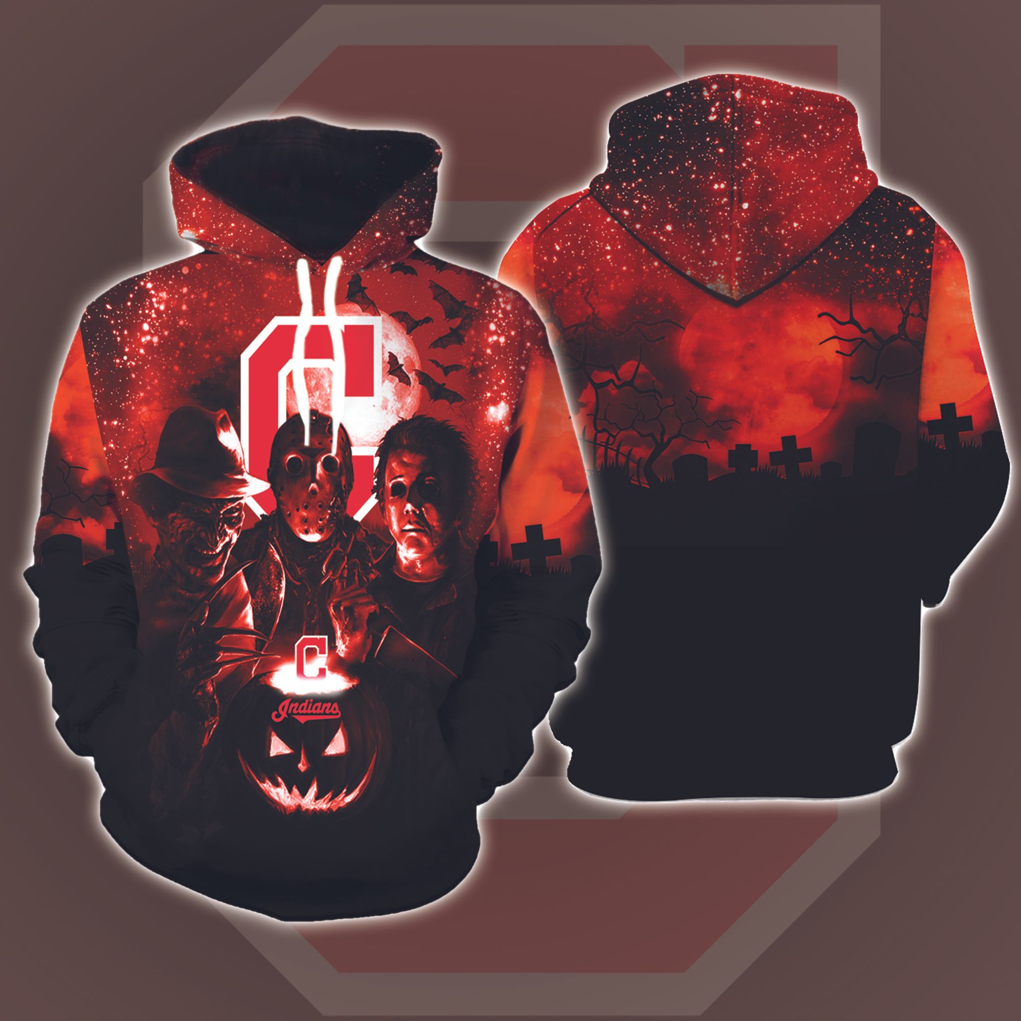 Cleveland Indians  Halloween and Michael Myers, Jason Voorhees, Freddy Krueger 3D Printed Hoodie