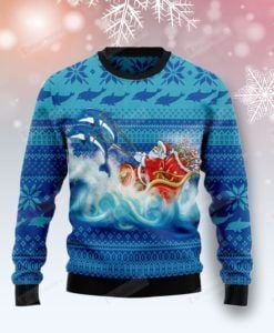 Dolphin Riding The Waves With Santa Ugly Christmas Sweater, All Over Print Sweatshirt