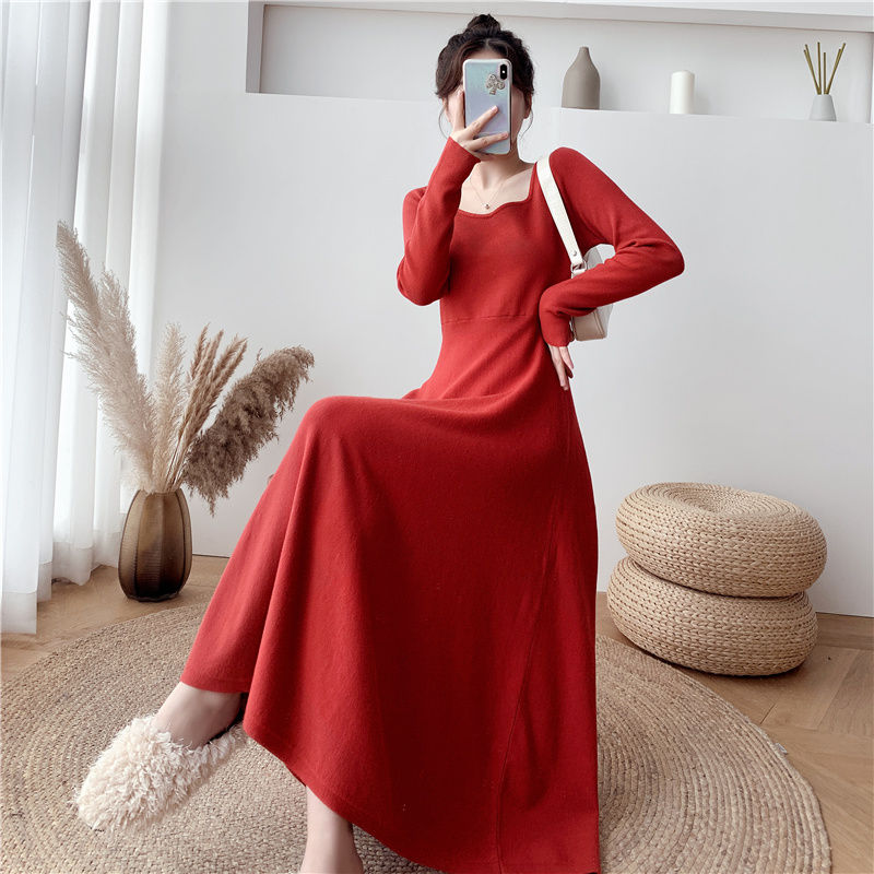 2022 New Fashion Autumn Winter Women Dresses Casual Long Sleeves Square Collar Knitting Dress Elegant Slim Office Lady Dress alx