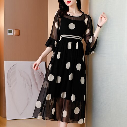 Black Dot Print Chiffon Sexy Beach Midi Dress 2022 Summer Vintage Natural Silk Dress Women Elegant Party Evening Vestidos alx