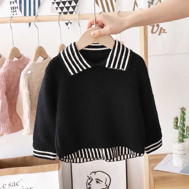 Baby Girl Knitted Striped Sweater Autumn Winter Spring Infant Toddler Child Collar Sweater Pullover Baby Clothes 1-7Y alx