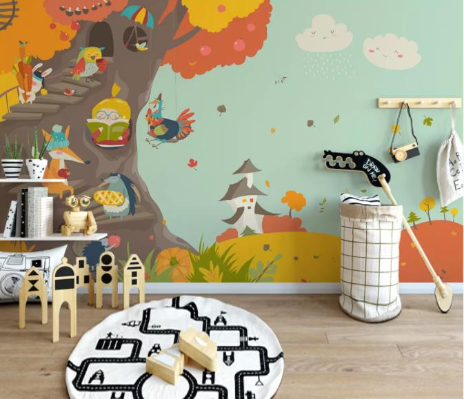 3D Cartoon Tree Animal Wall Mural Wallpaper 202