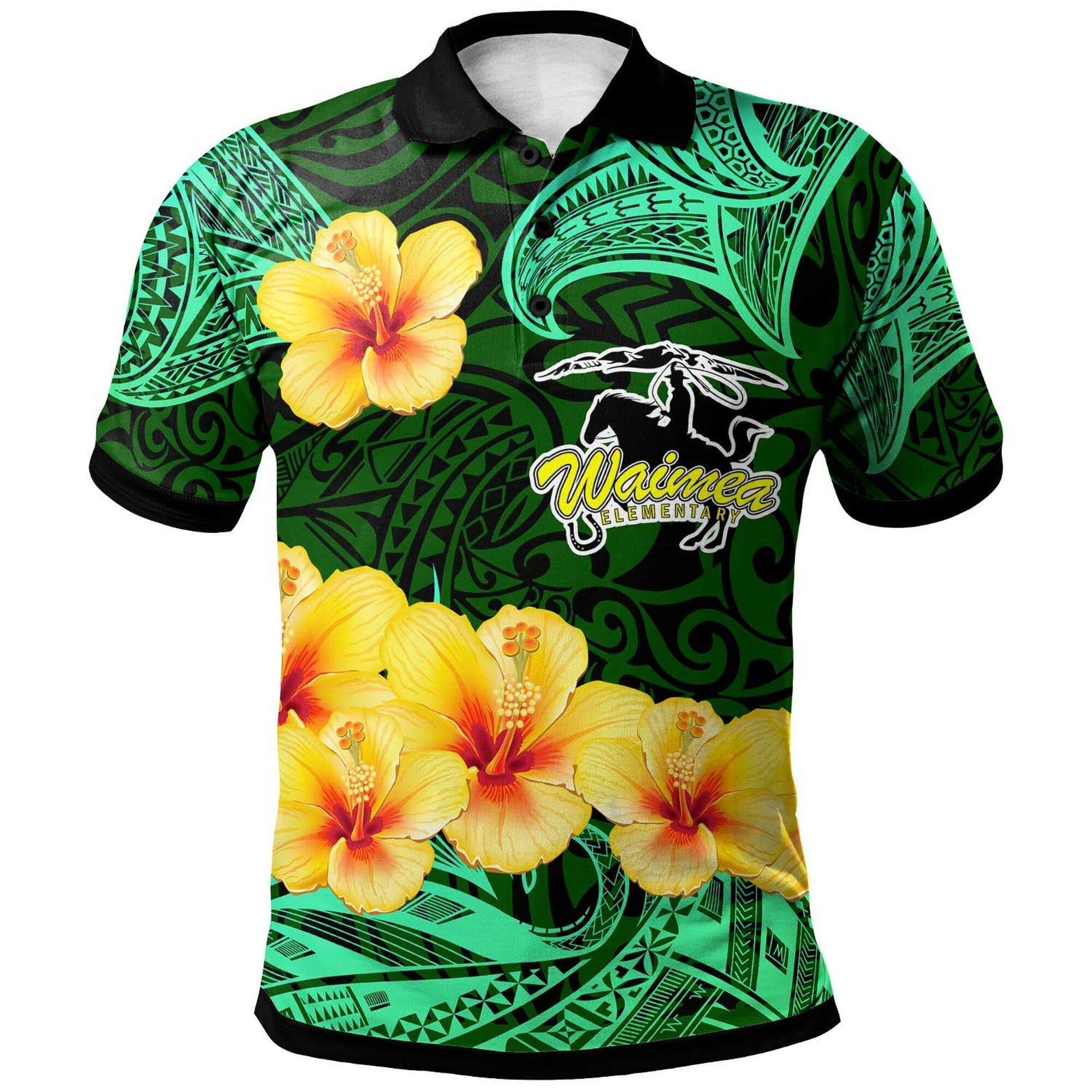 Hawaii Polynesian Polo Shirt – Waimea Elementary School With Polynesian Patterns And Hibicus Flower