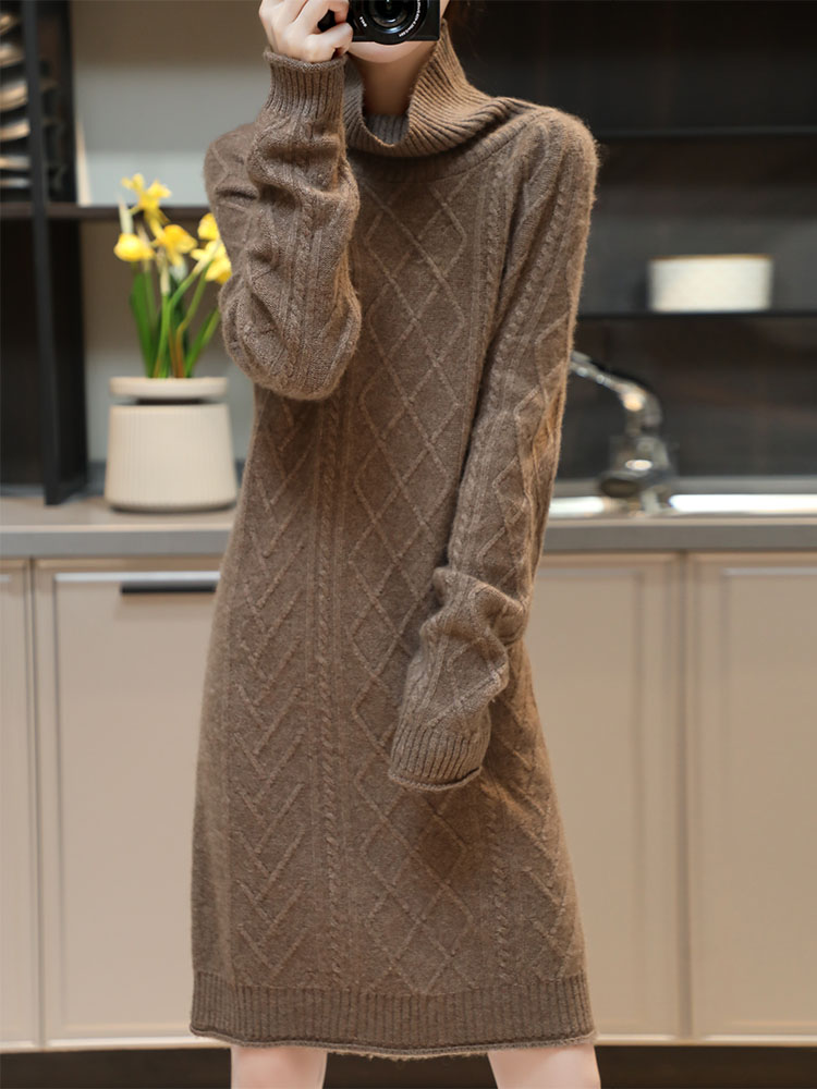 Autumn Winter New 100% Pure Wool/Cashmere Dress Women’s Turtleneck Thickened Long Sweater Loose Knitted Knee Wrap Hip Long Skirt alx