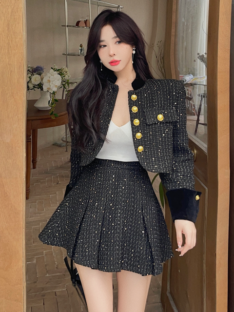 British style Patchwork Tweed Short Jacket Women’s Two Piece Sets Outfits Female Y2k Retro High Waist Pleated Skirt 2 Piece Set alx