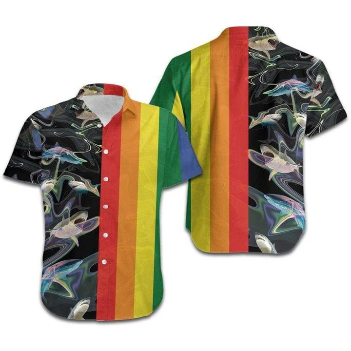 Beach Shirt Hawaii Shirt Lgbt Rainbow Sharks , Gay Pride Clothes, Gay Hawaiian Shirts