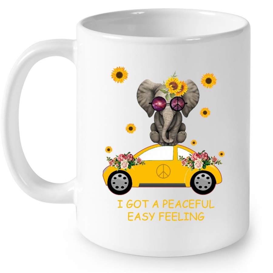 I Got A Peaceful Easy Feeling, Elephant Sunflower Floral Car, Peace Sign – Full-Wrap Coffee White Mug