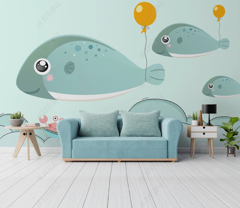 3D Hand Drawn Sea Dolphin Balloon Wall Mural Wallpaper Lqh 70