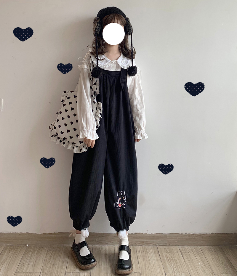 Sweet Pink Loose Wide Leg Overalls Pants Women Black Kawaii Cute Bunny Embroidery Casual Trousers Korean Fashion Jumpsuit Jumper alx